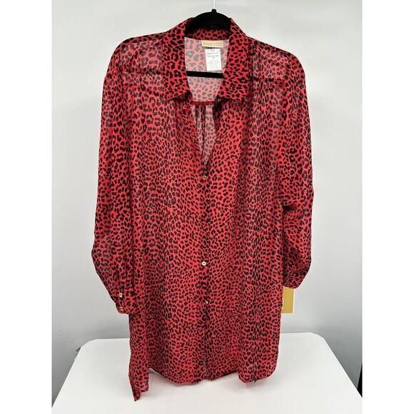 NWT MICHAEL Michael Kors MM29320 Animal Print Sheer Shirt Dress Button Front Med - Picture 3 of 10